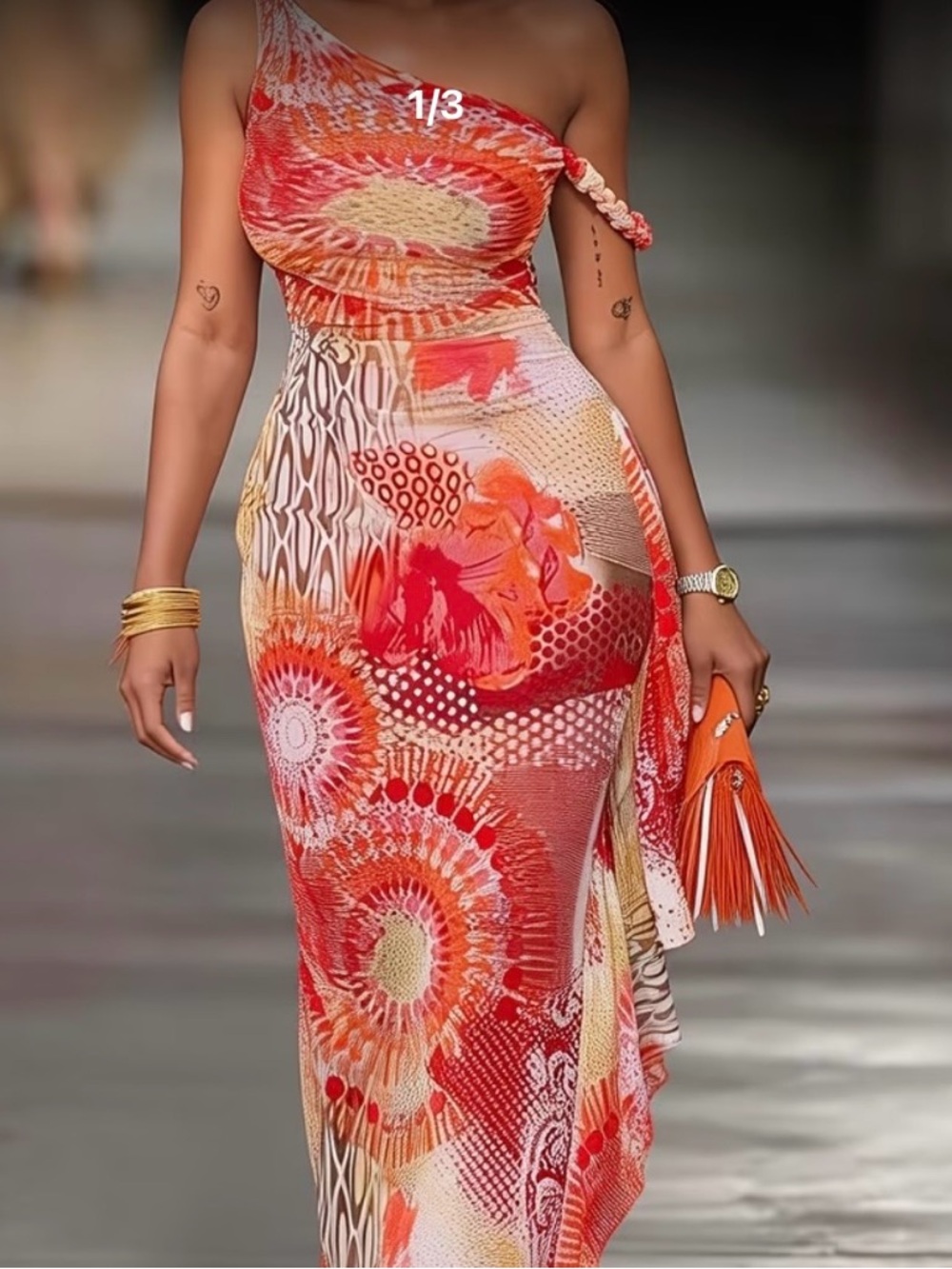 Women’s One-Shoulder Orange & Red Printed Maxi Dress